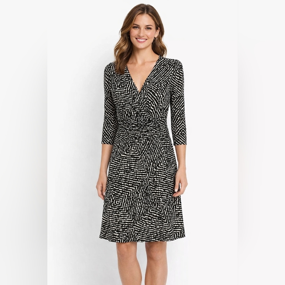 Maggy London Black and White Faux Wrap Dress, Career, Dinner, Comfortable